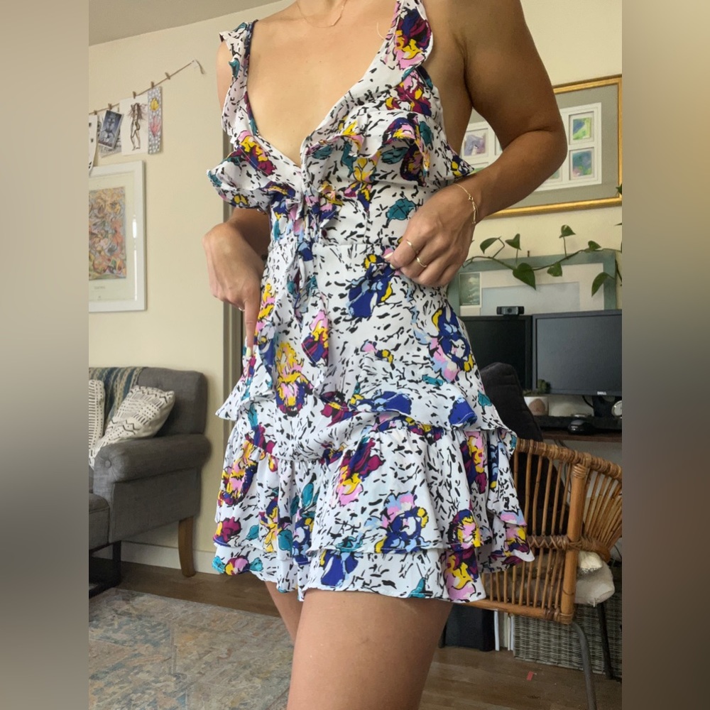 Colorful white with floral print ruffle salsa dress